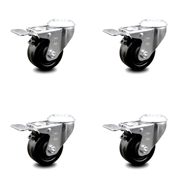 3 Inch Phenolic Wheel Swivel Bolt Hole Caster Set with Total Lock Brake SCC